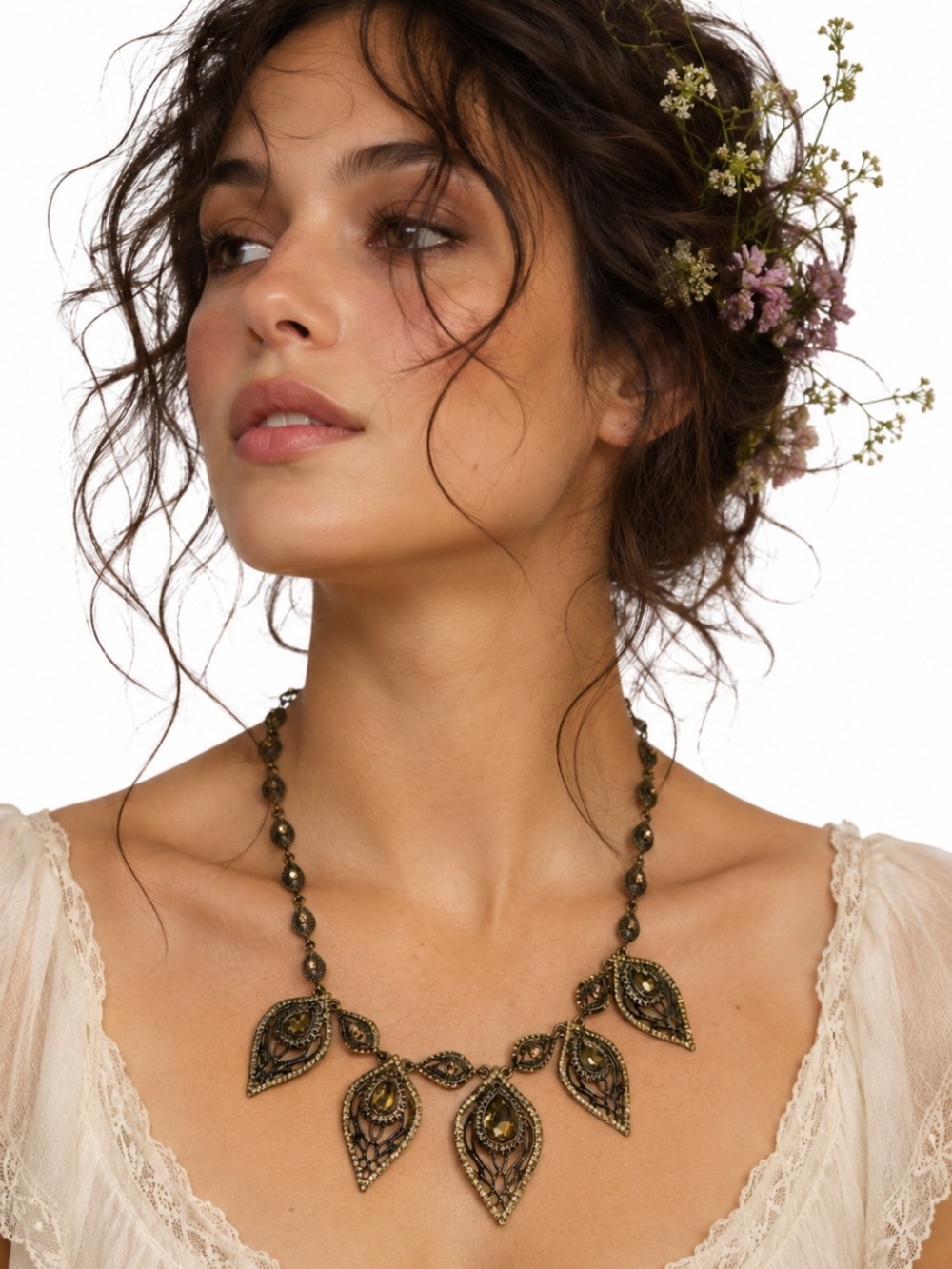 Antique Bronze Filigree Leaf Champagne Rhinestone Necklace - Jewelry